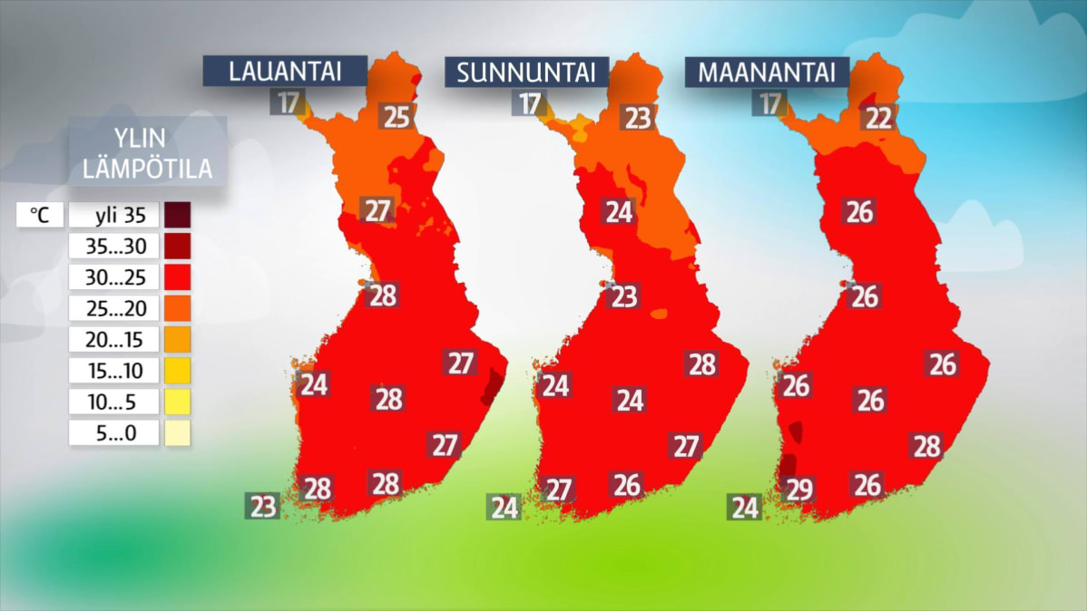 Sääkartta viikonlopuksi ja maanantaiksi.