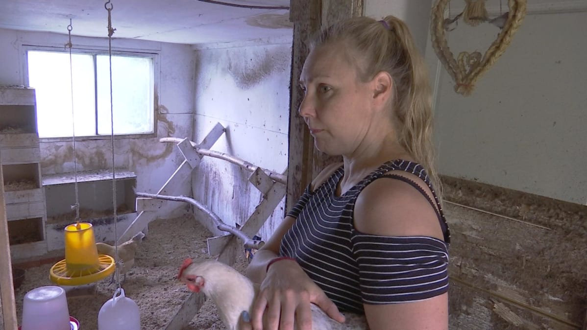 Nainen pitää sylissään valkoista kanaa