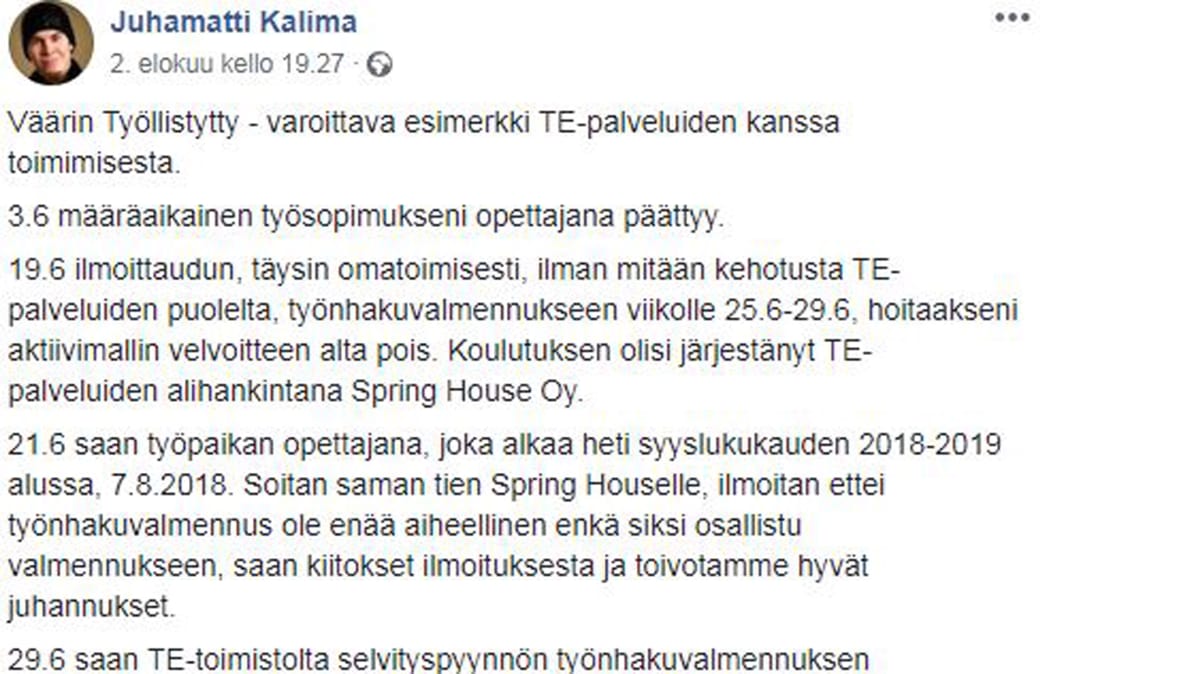 Kuvakaappaus Juhamatti Kaliman Facebook-profiilista.