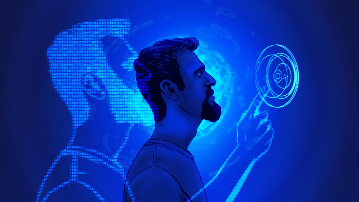 Grafiikka, jossa mies sinisellä taustalla ja digitaalisia merkkijonoja.