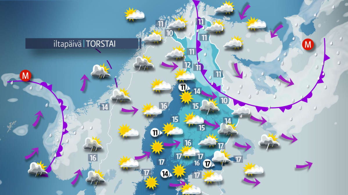 Sääennuste torstaille 13. syyskuuta.