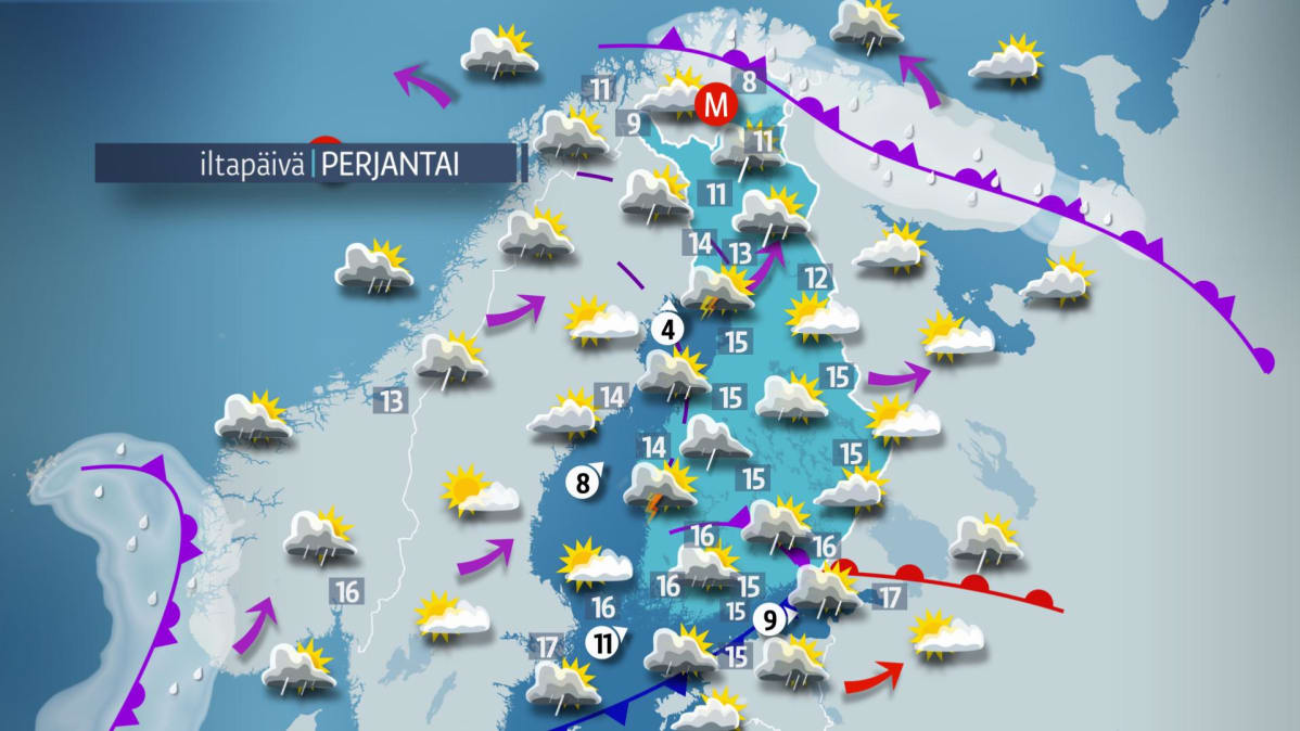 Sääennuste perjantaille 14. syyskuuta.