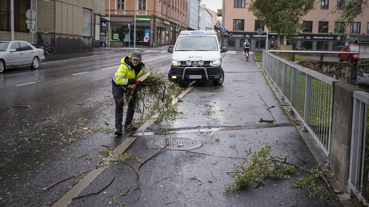Ihminen keräämässä oksia kadulta.
