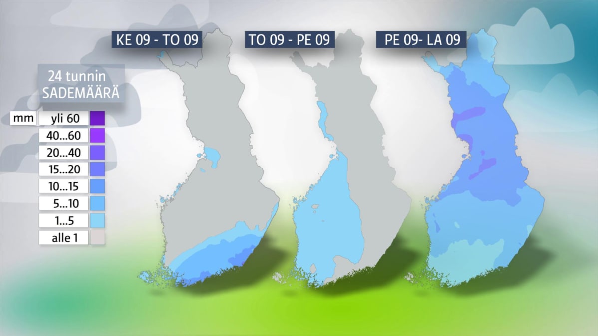 Sademäärät keskiviikosta perjantaihin 3. -5. lokakuuta.