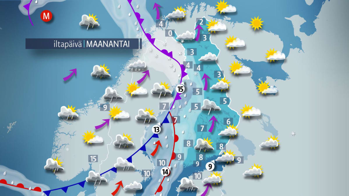 Sääennuste maanantaille 8. lokakuuta.