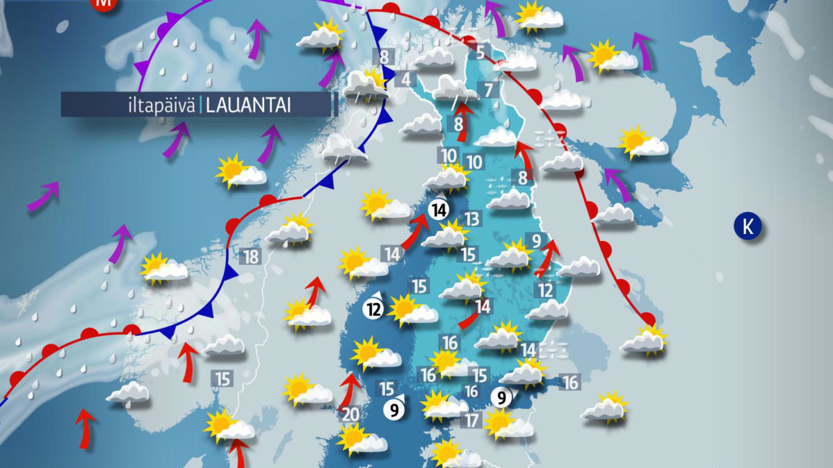 Lauantain sääkartta.