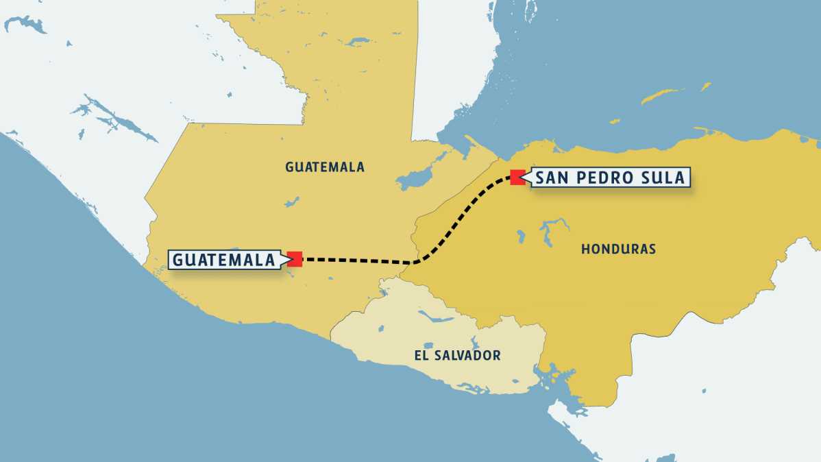 Hondurasin ja Guatemalan kartta