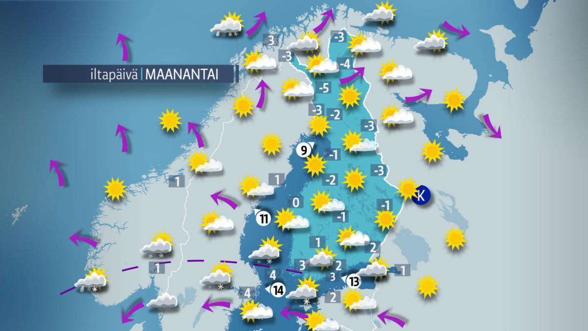 Sääennuste maanantaille 29. lokakuuta.