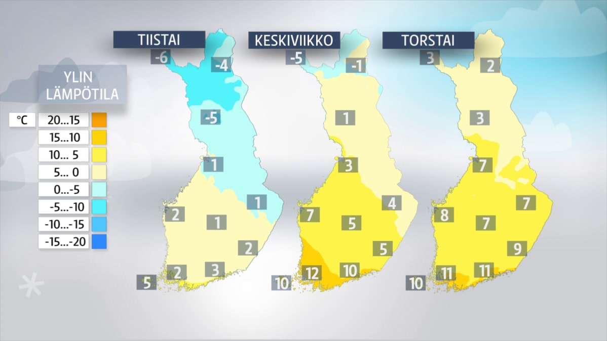 Tiistain, keskiviikon ja torstain ylimmät ennustetut lämpötilat.