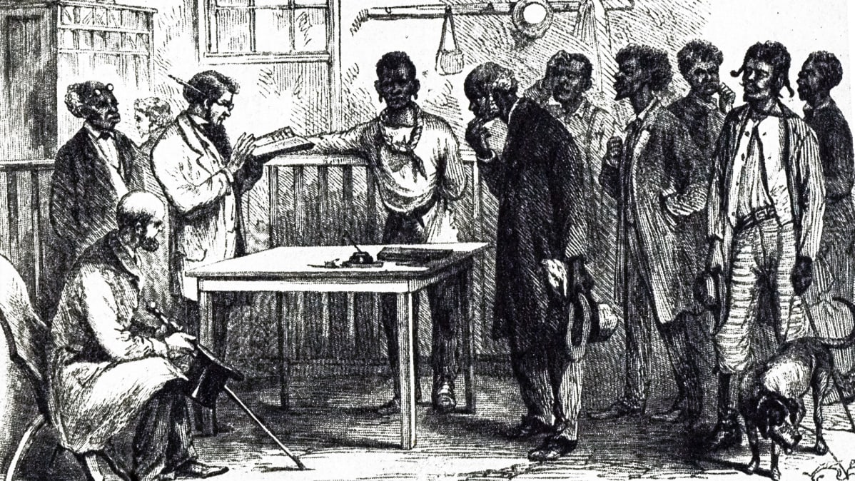 Vapautettuja miehiä rekisteröityy äänestämään Georgiassa 1800-luvulla.
