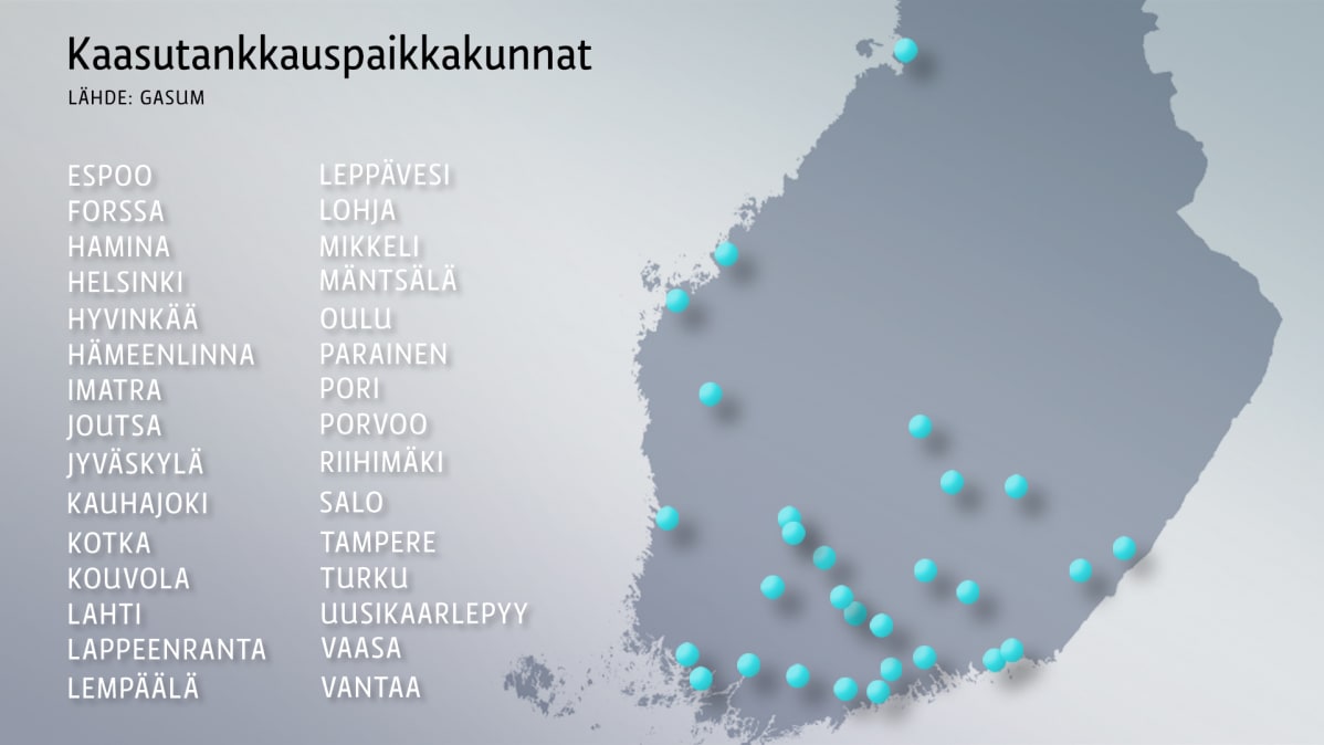 Kaasuautojen tankkausasemia löytyy varsinkin eteläisestä Suomesta.