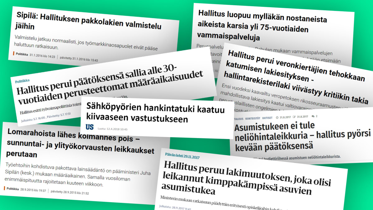 Hallituksen perututtuja päätöksiä