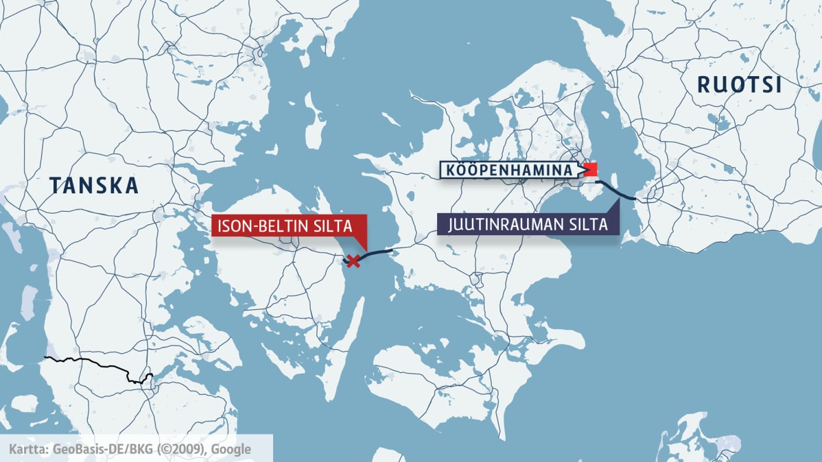 Karttakuva Ison-Beltin sillan junaonnettomuudesta