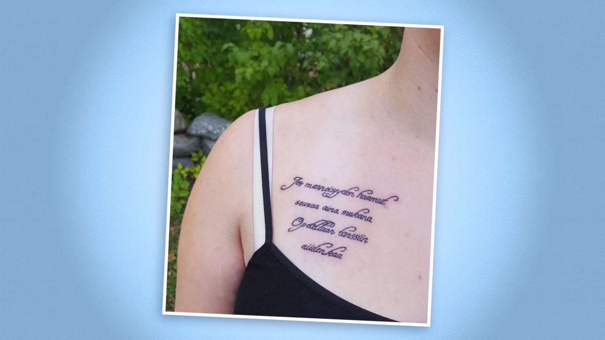 Mikko Harjun laulun sanoja tatuoituna ihoon