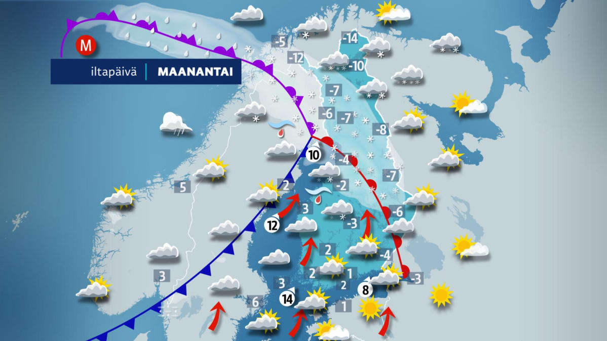 Maanantai iltapäivän sääkartta.