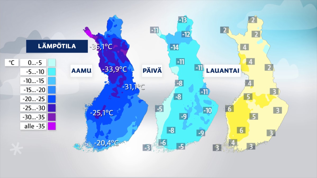Kolme sääkarttaa, joissa näkyy lämpötilojen muutos.