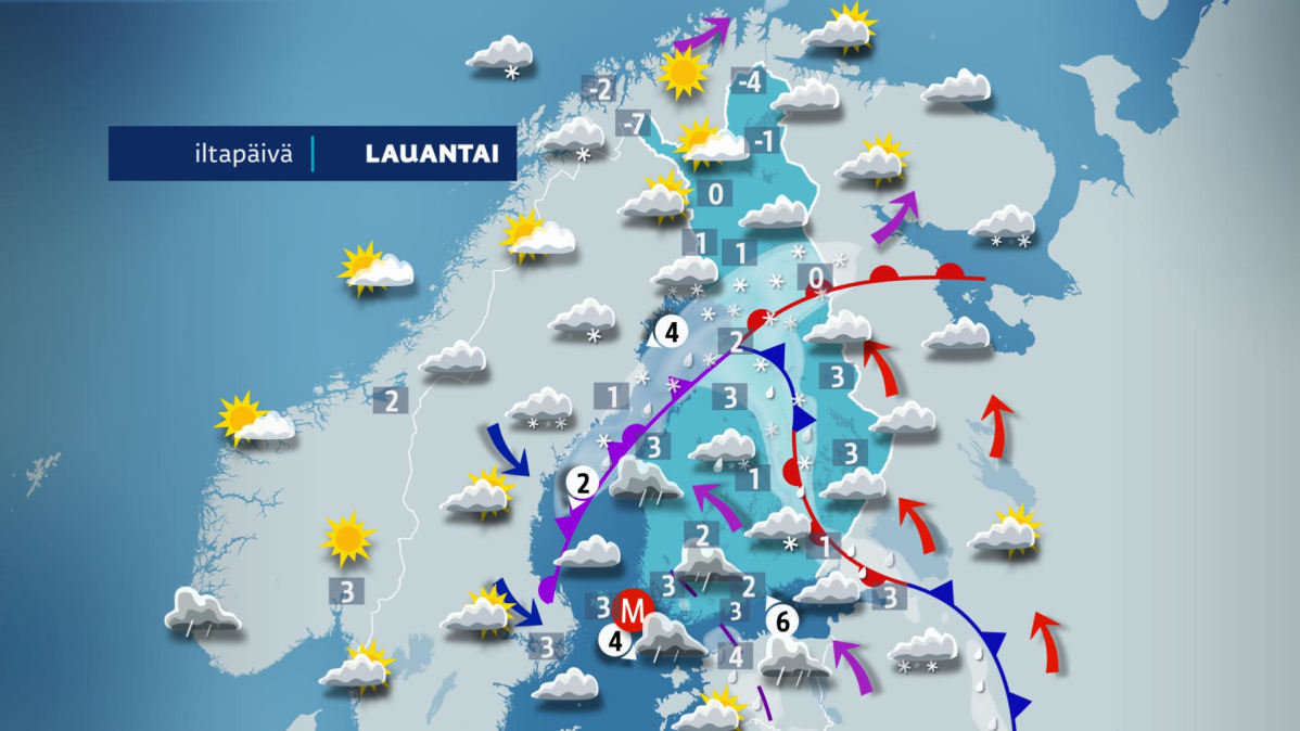 Lauantain sääkartta.