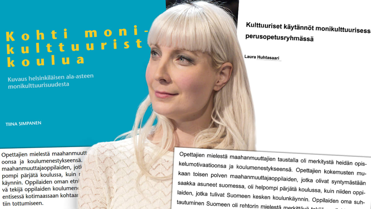 Kollaasikuvassa ovat vierekkäin Laura Huhtasaaren ja Tiina Simpasen gradut. Niiden keskellä on valokuva Huhtasaaresta.