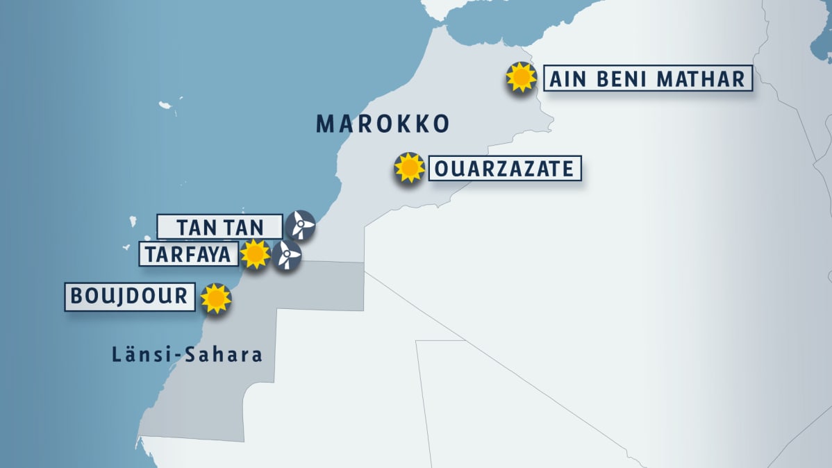 Kartta, johon merkitty Marokon ja Länsi-Saharan aurinko- ja tuulivoimaloita.