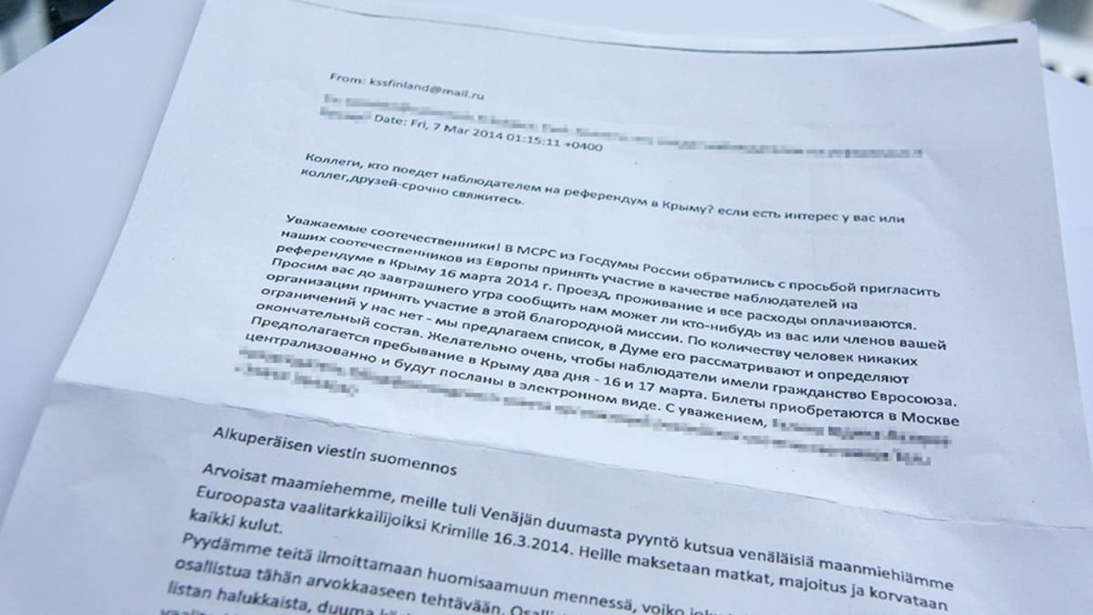 Suomessa asuville venäläistaustaisille ihmisille viime viikolla sähköpostitse tai sosiaalisessa mediassa lähetetty kirje, jossa heitä kehotetaan lähtemään vaalitarkkailijoiksi Krimin kansanäänestykseen. Kuvasta on pikselöity henkilökohtaisia tietoja.