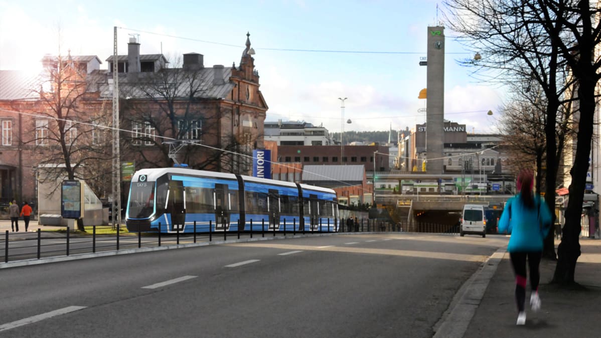 Havainnekuva, jossa raitiovaunu Itsenäisyydenkadulla.