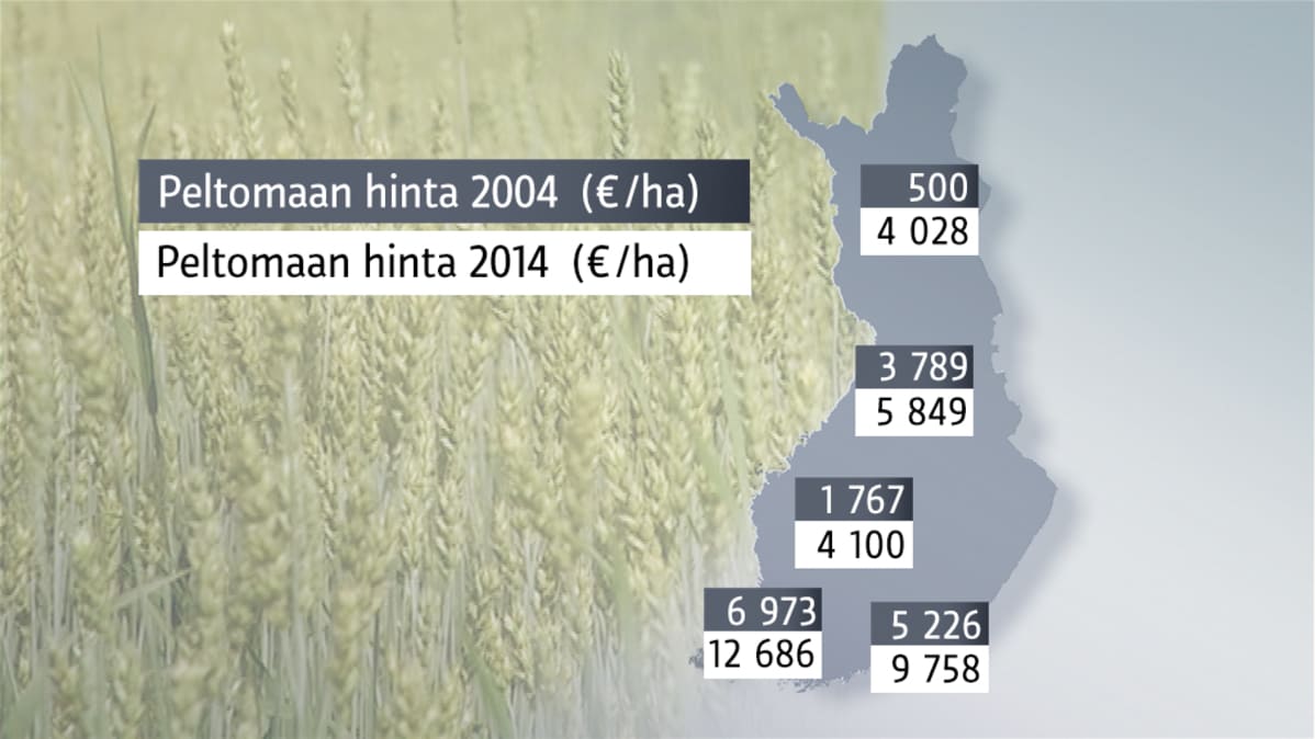 Kuvassa Suomen kartta, jossa vertailtuna peltohehtaarin mediaanihintoja vuosina 2004 ja 2014 eri puolilla maata. Varsinais-Suomessa maa on kalleinta, mediaani hinta 12 686 euroa.