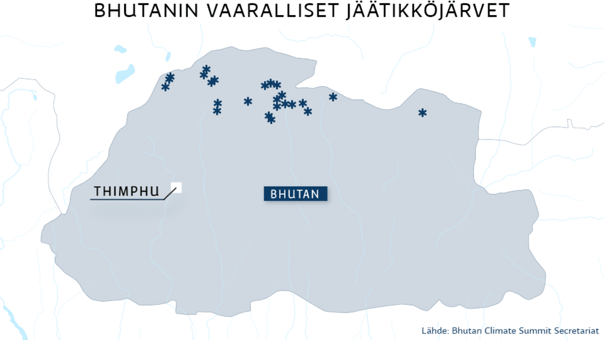 Bhutanin vaarallisten jäätikköjärvien kartta.