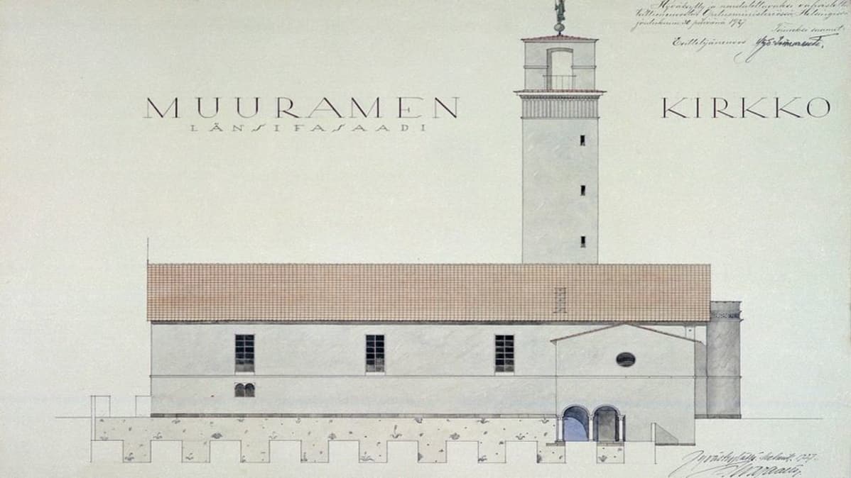 Alvar Aallon piirustus Muuramen kirkosta vuodelta 1927.