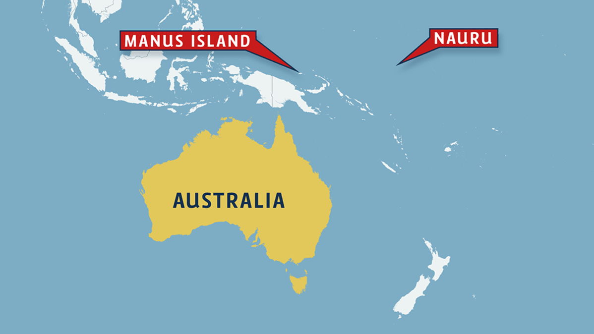 Kartta, jossa näkyvät Naurun ja Manus Island:in sijainnit suhteessa Australiaan.