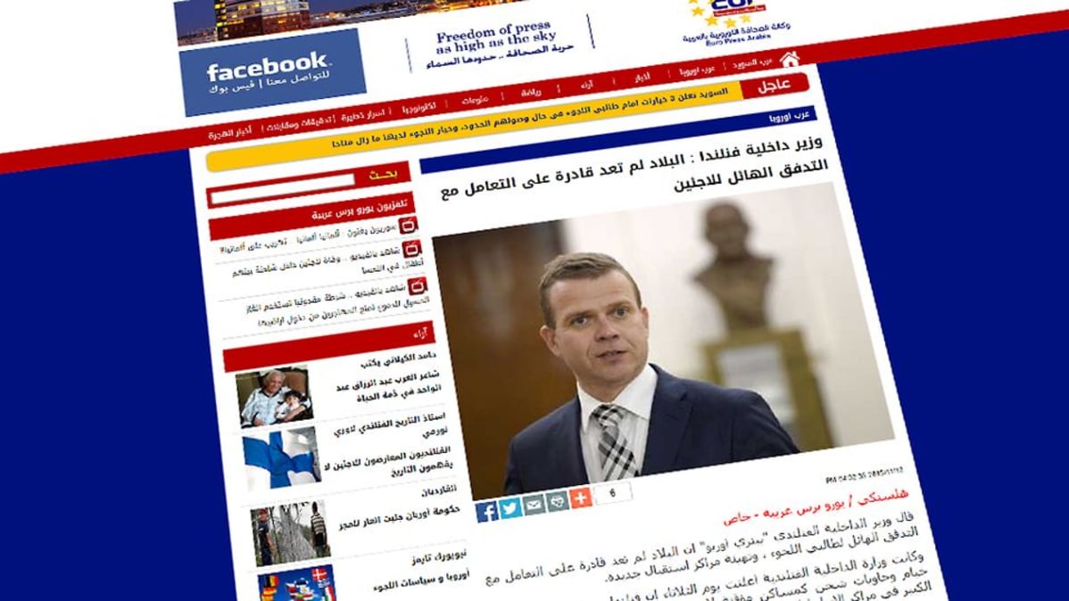 Euro Press Arabian sivulla sisäministeri Petteri Orpon kommentti siitä, että Suomi joutuu sijoittamaan turvapaikanhakijoita telttoihin ja kontteihin.