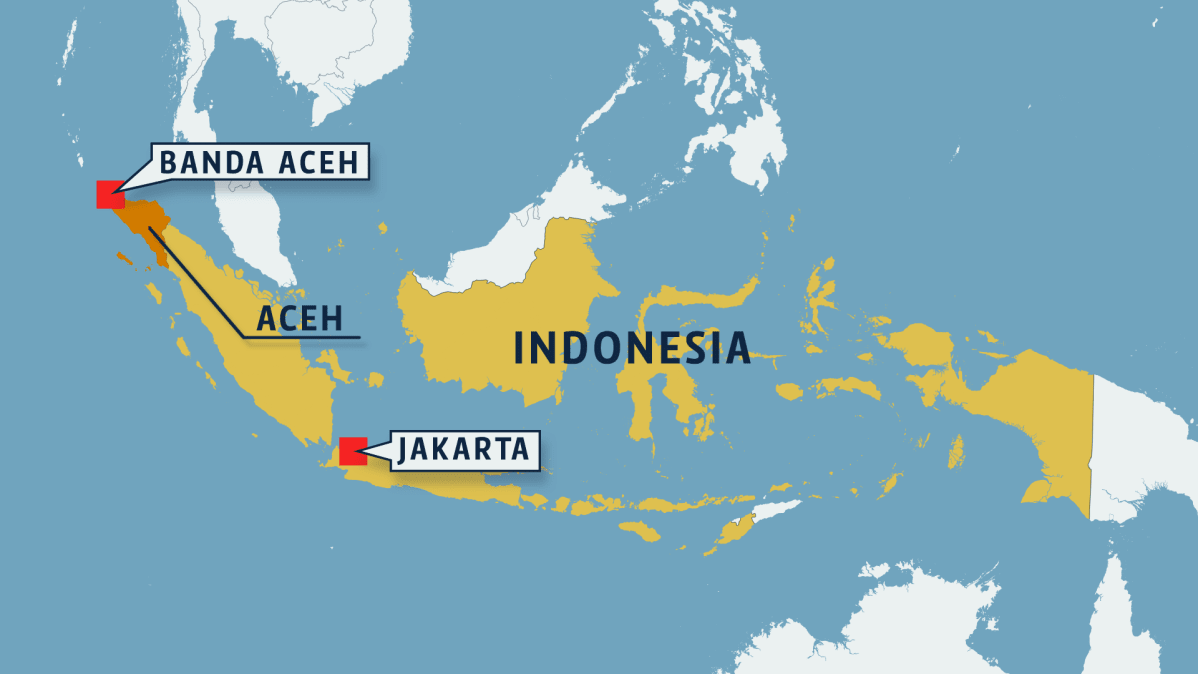 Kartta, jossa ovat Indonesia, Aceh sekä kaupungit Jakarta ja Banda Aceh.