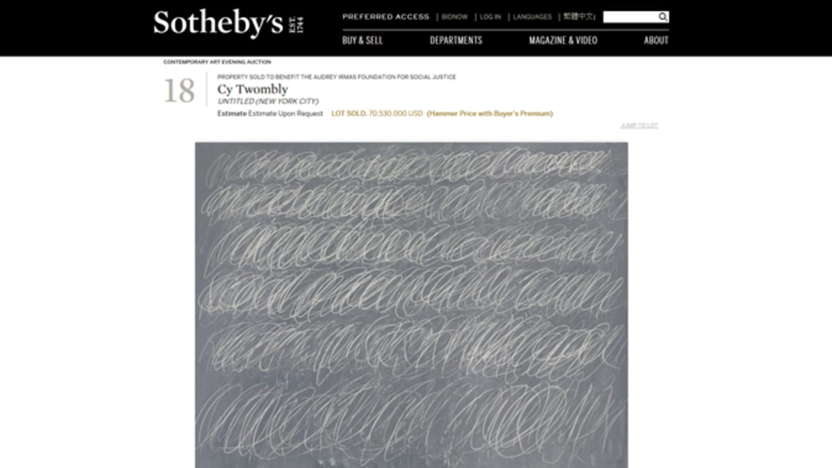 Kuvakaappaus Sotheby's kauppakamarin sivuilta amerikkalaistaiteilija Cy Twomblyn teoksesta nimeltä "Untitled" vuodelta 1968.