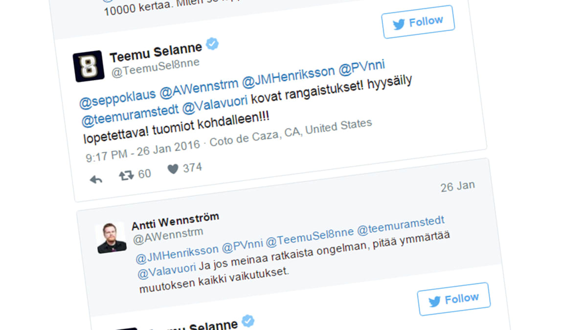 Kuvakaappaus Teemu Selänteen tweetistä.