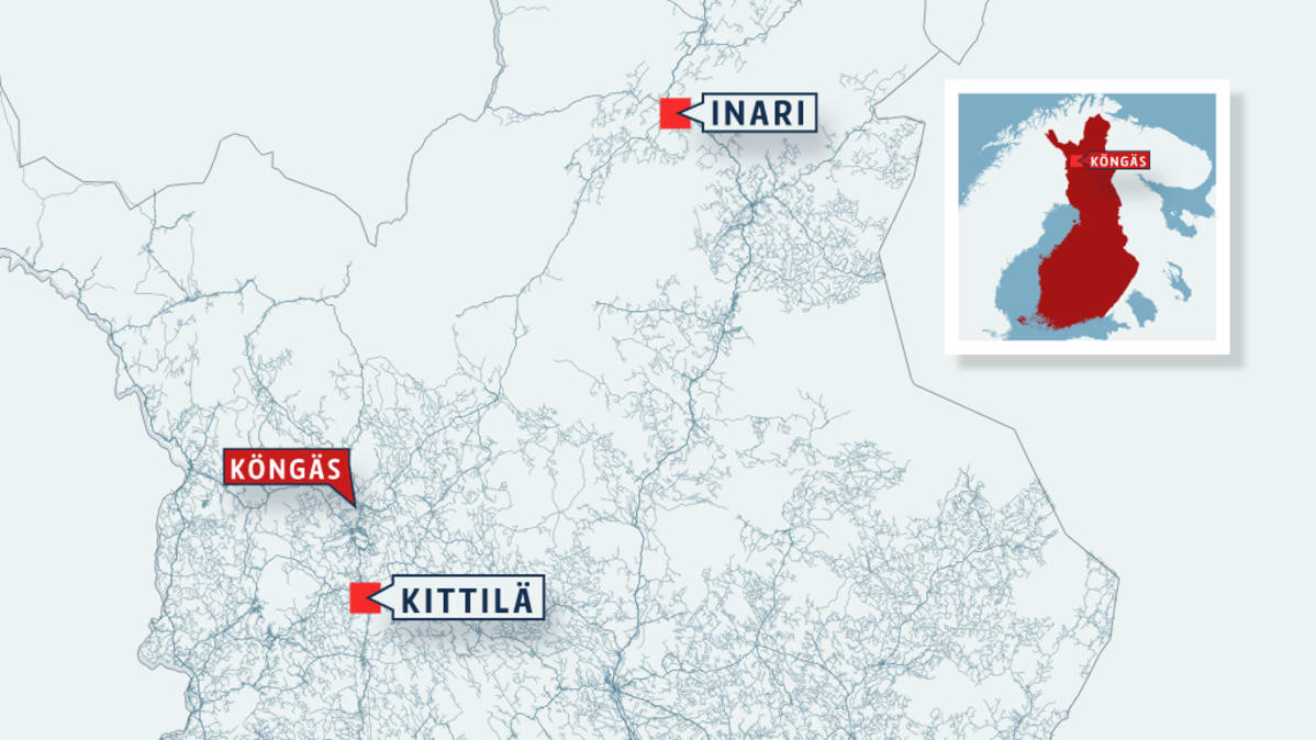 Kartta, johon merkitty Kittilä, Köngäs ja Inari.
