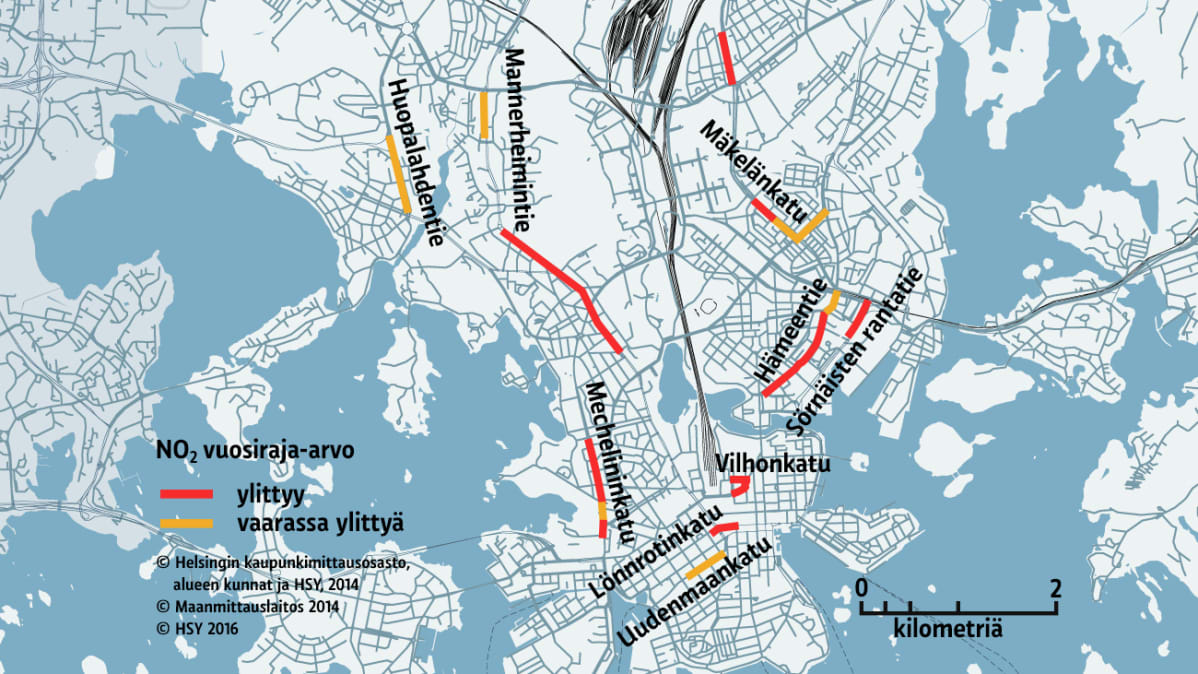 Typpidioksidin raja-arvon ylitusalueen katuosuuksien yhteispituus on 5,7 km. Asukkaita näillä katuosuuksilla on arviolta noin 11 000.