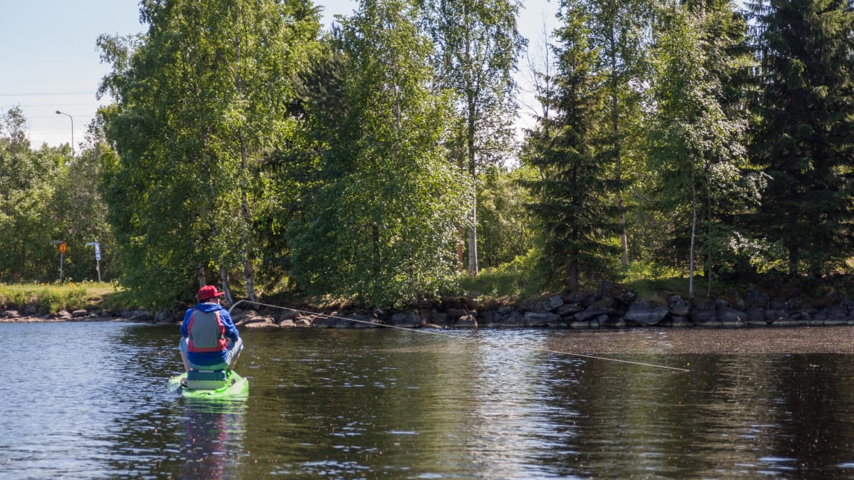 Kajaanilainen SUP-yrittäjä Jyrki Vahlamo kalastaa laudalla.