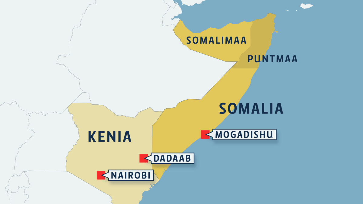 Kartta jossa Somalia ja Kenia