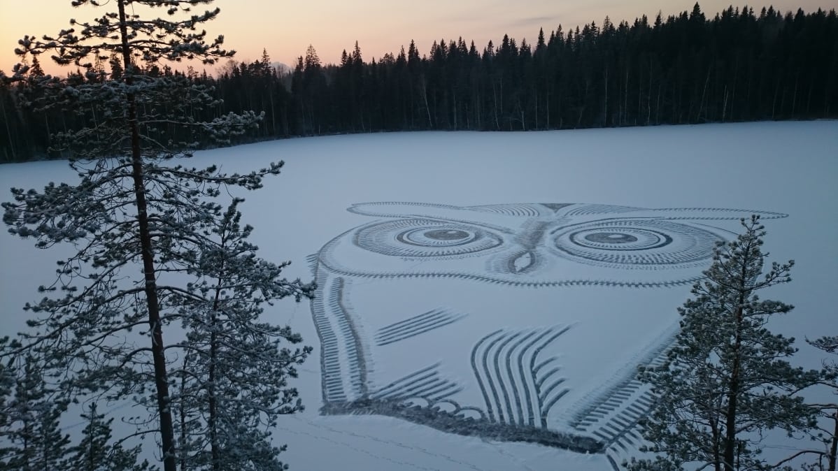 Pasi Widgrenin lumihankeen piirtämä jättimäinen pöllönkuva.