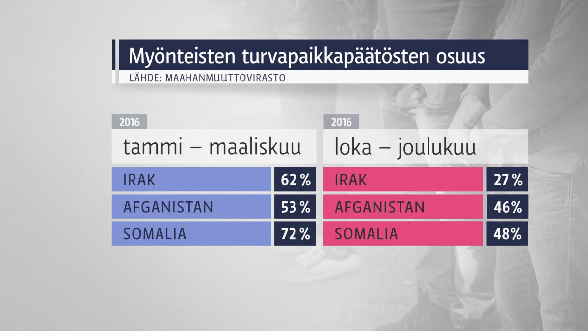 Myönteisten turvapaikkojen osuus, vuoden 2016 ensimmäinen ja viimeinen neljännes.