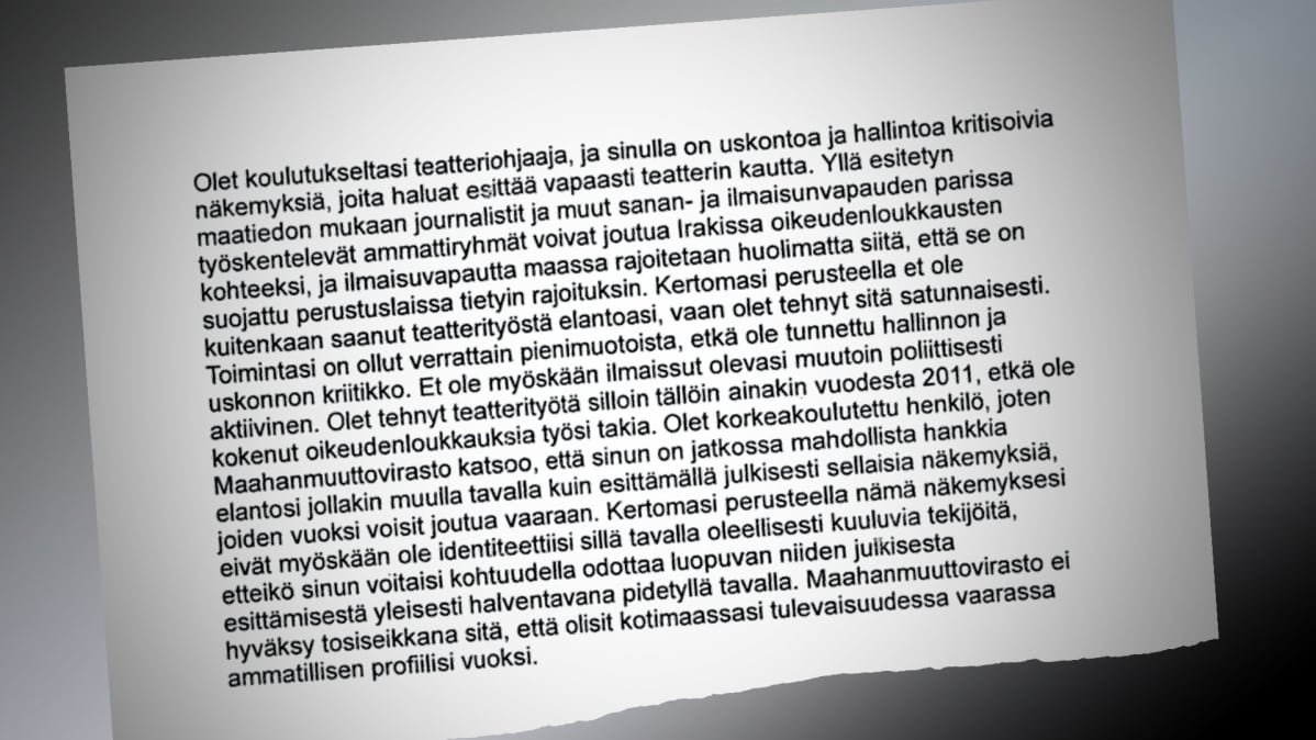 Tekstikappale Maahanmuuttoviraston kirjeestä irakilaiselle turvapaikanhakijalle.