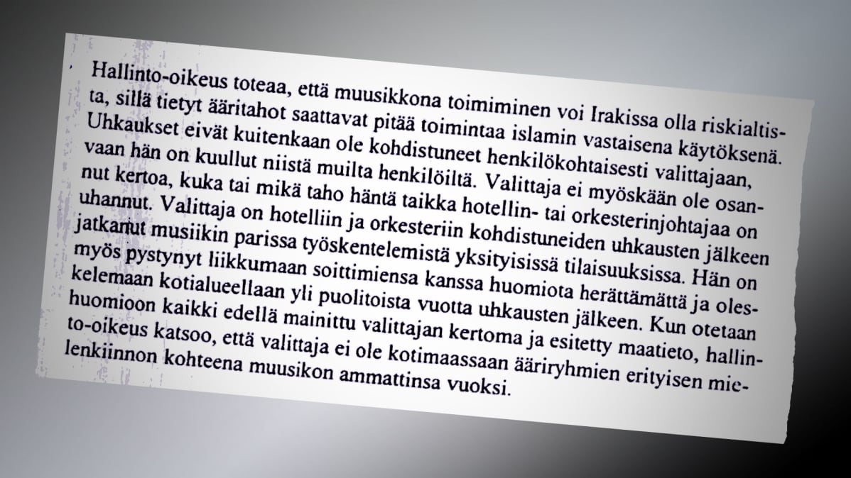Tekstikappale Maahanmuuttoviraston kirjeestä irakilaiselle turvapaikanhakijalle.