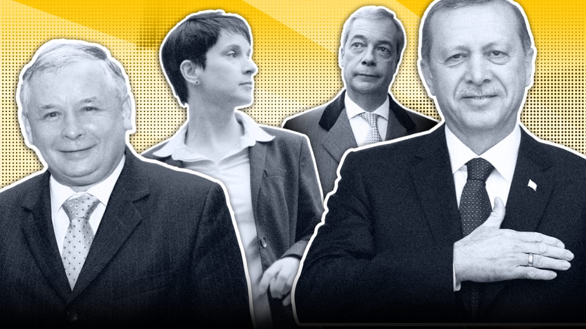 Kuva, jossa vasemmalta lukien Jarosław Kaczyński, Frauke Petry, Nigel Farage ja Recep Tayyip Erdoğan.