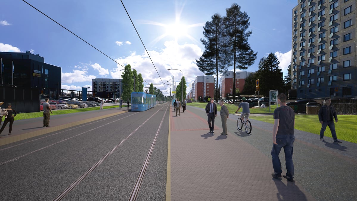Havainnekuva ratikasta Tampereen Insinöörinkadulla.