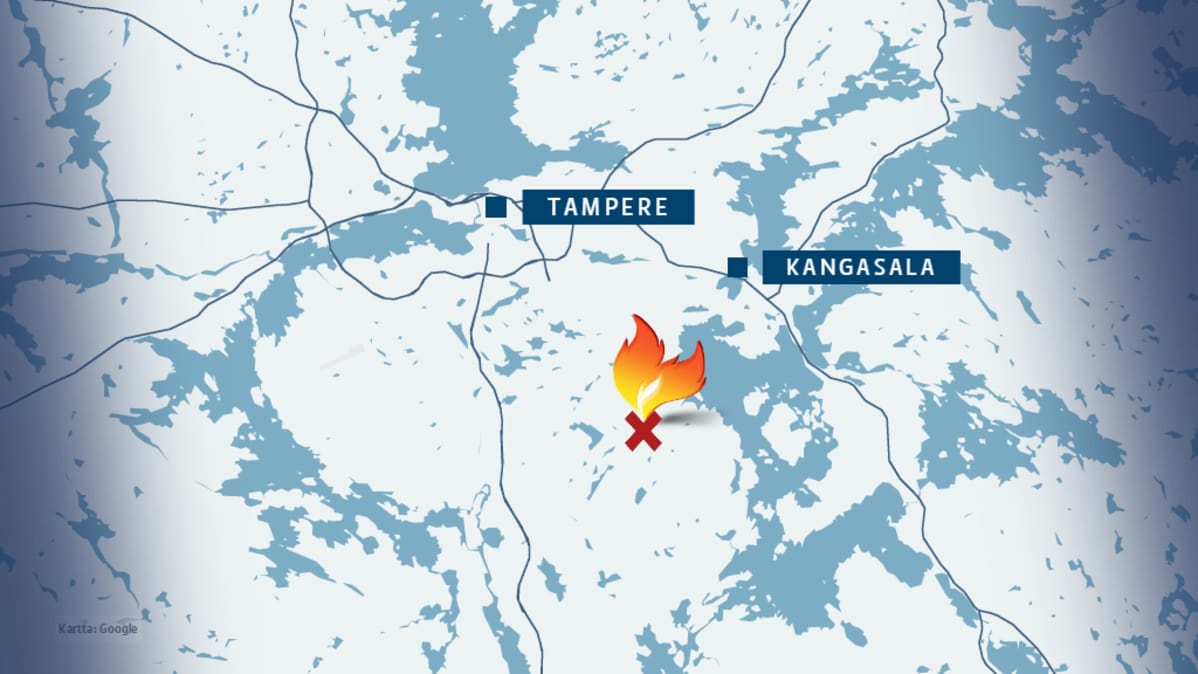 Karttagrafiikka Kangasalan Ahvenjärventiellä 7 hehtaarin metsäpalo