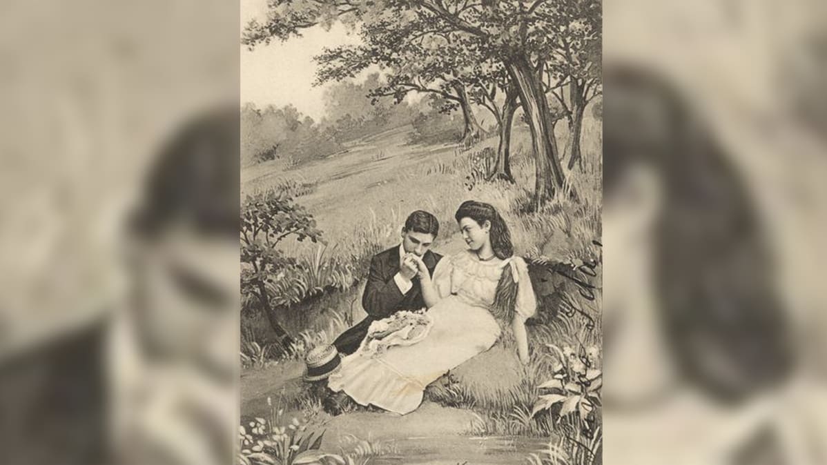 Mies ja nainen niityllä piirroskuvassa.