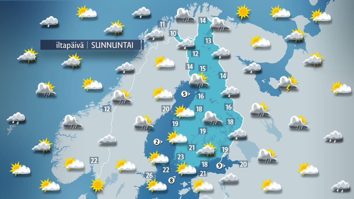 Sunnuntain sääkartta.