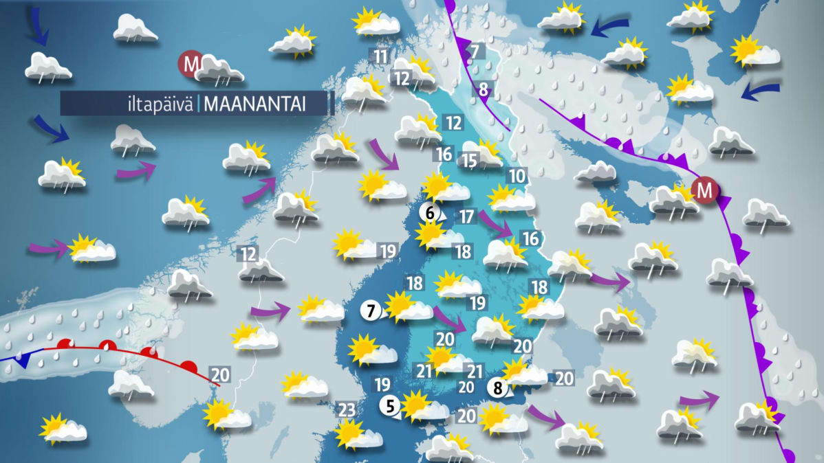 Päivän sääkartta maanantaille 19. kesäkuuta.