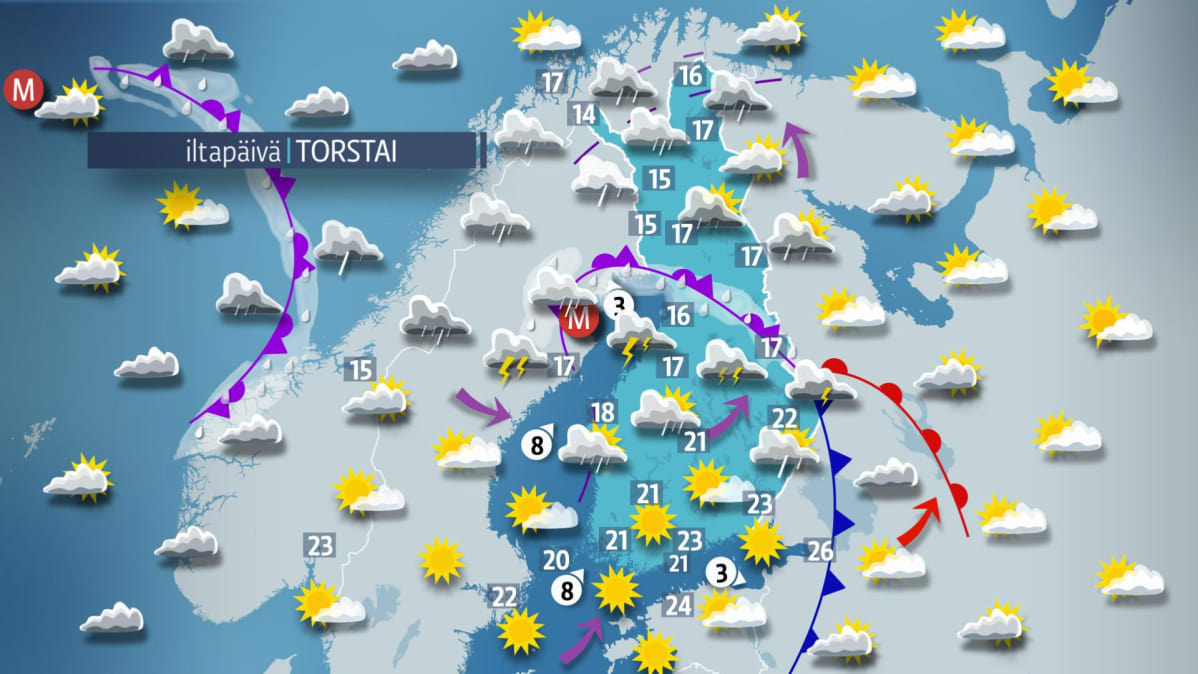 Sääkartta torstaille 10. elokuuta.