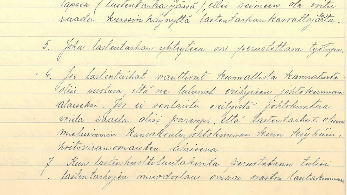 Suomen lastentarhaopettajien yhdistyksen perustamisasiakirja, 11.1.1919. Järjestön arkisto on säilytyksessä Toimihenkilöarkistossa Helsingissä.