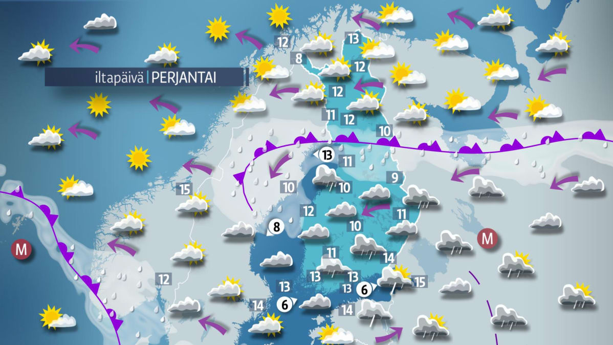 Sääkartta perjantaille 8. syyskuuta.